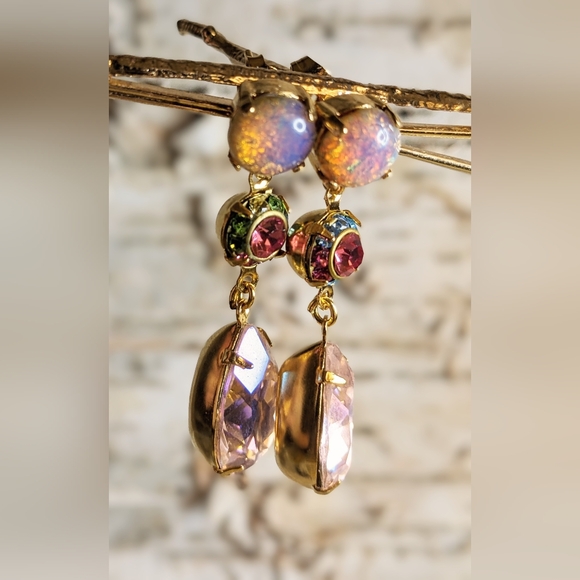 Pink Mystic Fire Opal & Swarovski Flower And Large Pink Crystal Earrings - Picture 4 of 7